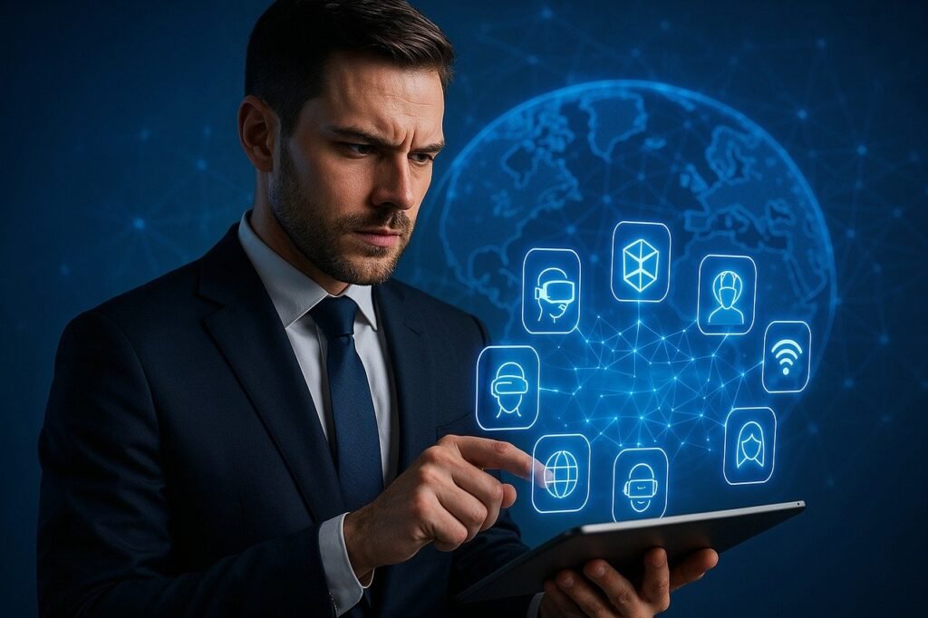 technology, innovation, futuristic, digital, expert, tablet, interface, globe, data, networking, scientific, intelligent, confident, smiling, company, business, modern, tech-savvy, connectivity, ai generated